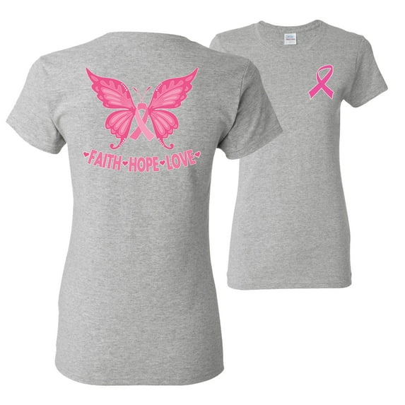 Wild Bobby, Pink Ribbon Heart, Breast Cancer Awareness, Front and Back Women Graphic Tee, Heather Grey, Small