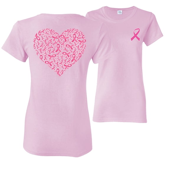 Wild Bobby, Pink Ribbon Heart, Breast Cancer Awareness, Front and Back Women Graphic Tee, Light Pink, Medium