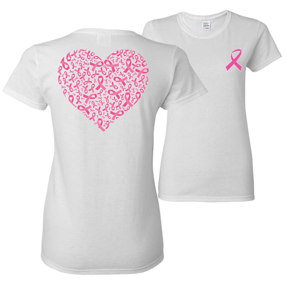 Wild Bobby, Pink Ribbon Heart, Breast Cancer Awareness, Front and Back Women Graphic Tee, White, XX-Large