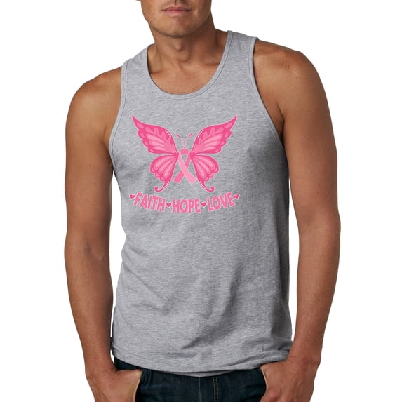 Wild Bobby, Butterfly Pink Ribbon Faith Hope Love, Breast Cancer Awareness, Men Graphic Tank Top, Heather Grey, Small