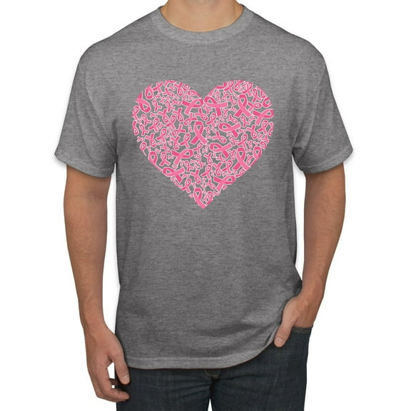 Wild Bobby, Pink Ribbon Heart, Breast Cancer Awareness, Men Graphic Tee, Heather Grey, Small