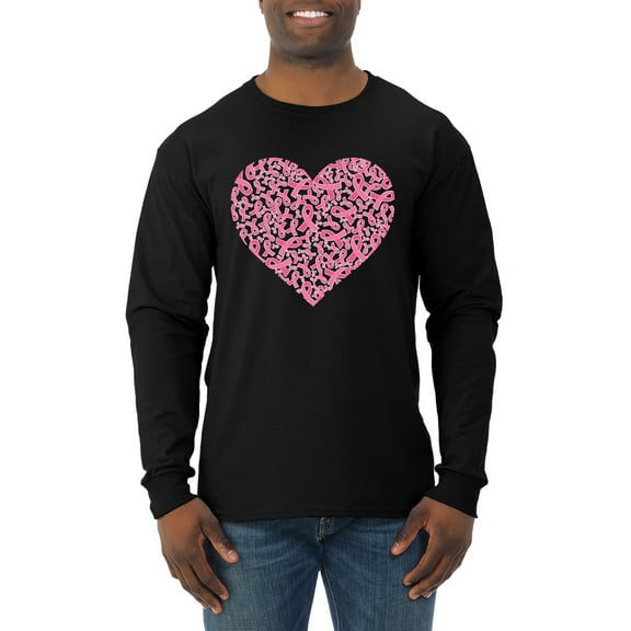 Wild Bobby, Pink Ribbon Heart, Breast Cancer Awareness, Men Long Sleeve Shirt, Black, 3X-Large