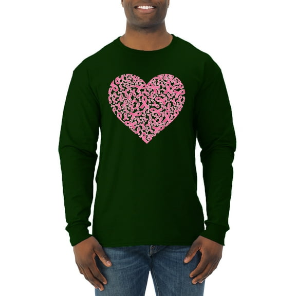 Wild Bobby, Pink Ribbon Heart, Breast Cancer Awareness, Men Long Sleeve Shirt, Forest Green, X-Large