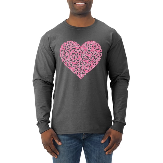 Wild Bobby, Pink Ribbon Heart, Breast Cancer Awareness, Men Long Sleeve Shirt, Heather Black, Small