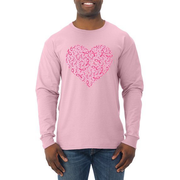 Wild Bobby, Pink Ribbon Heart, Breast Cancer Awareness, Men Long Sleeve Shirt, Light Pink, Medium