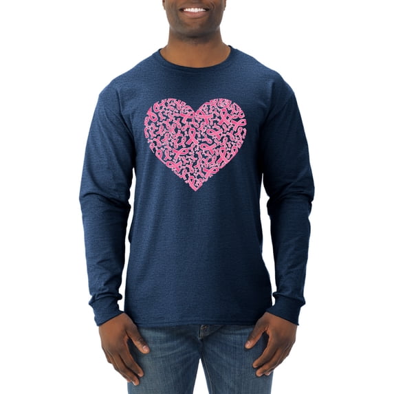 Wild Bobby, Pink Ribbon Heart, Breast Cancer Awareness, Men Long Sleeve Shirt, Vintage Heather Navy, Small