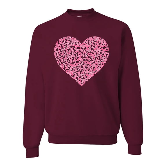 Wild Bobby, Pink Ribbon Heart, Breast Cancer Awareness, Unisex Crewneck Graphic Sweatshirt, Maroon, Large