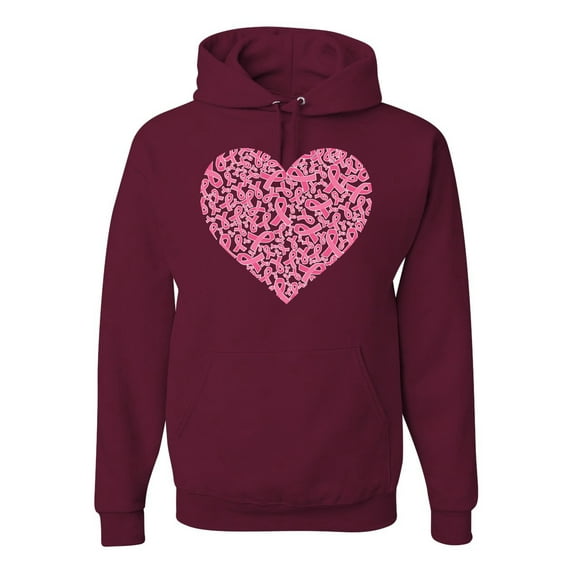 Wild Bobby, Pink Ribbon Heart, Breast Cancer Awareness, Unisex Graphic Hoodie Sweatshirt, Maroon, X-Large