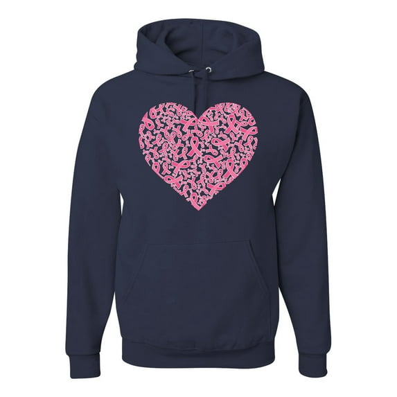 Wild Bobby, Pink Ribbon Heart, Breast Cancer Awareness, Unisex Graphic Hoodie Sweatshirt, Navy, XX-Large