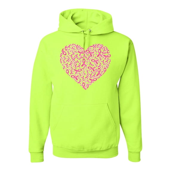 Wild Bobby, Pink Ribbon Heart, Breast Cancer Awareness, Unisex Graphic Hoodie Sweatshirt, Safety Green, XX-Large