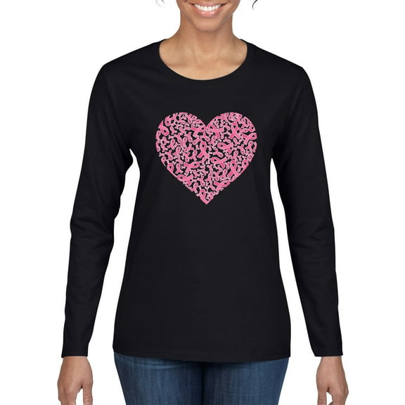 Wild Bobby, Pink Ribbon Heart, Breast Cancer Awareness, Women Graphic Long Sleeve Tee, Black, Small