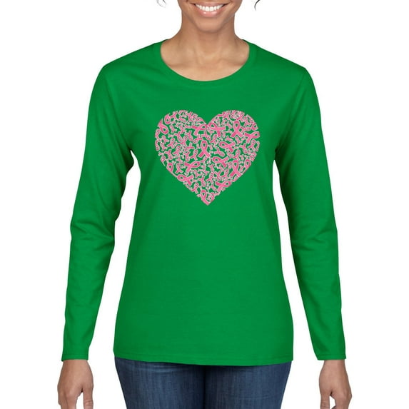Wild Bobby, Pink Ribbon Heart, Breast Cancer Awareness, Women Graphic Long Sleeve Tee, Kelly, X-Large