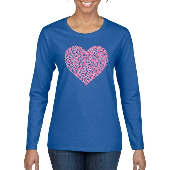 Wild Bobby, Pink Ribbon Heart, Breast Cancer Awareness, Women Graphic Long Sleeve Tee, Royal, X-Large