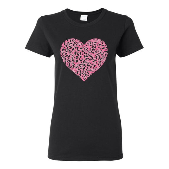 Wild Bobby, Pink Ribbon Heart, Breast Cancer Awareness, Women Graphic Tee, Black, Small