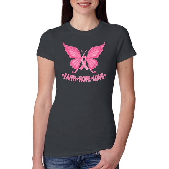 Wild Bobby, Pink Ribbon Heart, Breast Cancer Awareness, Women Slim Fit Junior Tee, Dark Grey, Medium