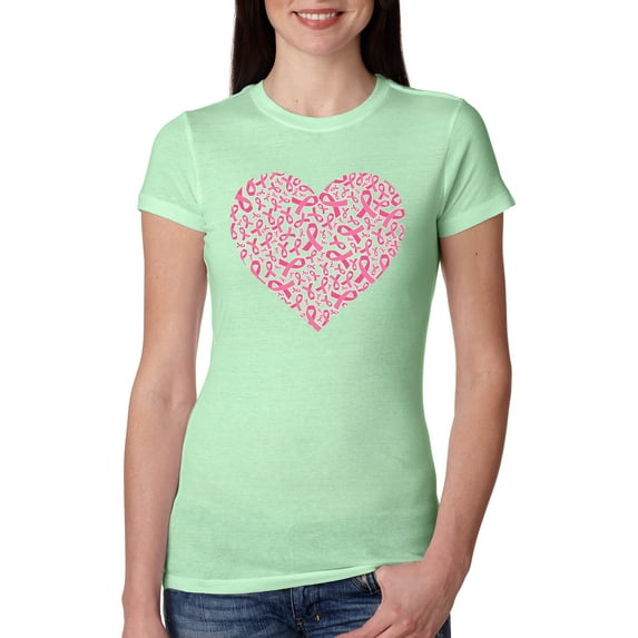 Wild Bobby, Pink Ribbon Heart, Breast Cancer Awareness, Women Slim Fit Junior Tee, Mint, XX-Large