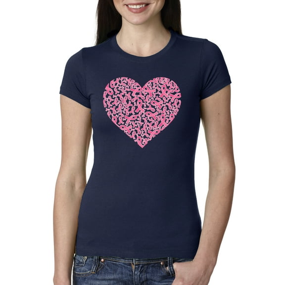 Wild Bobby, Pink Ribbon Heart, Breast Cancer Awareness, Women Slim Fit Junior Tee, Navy, Small