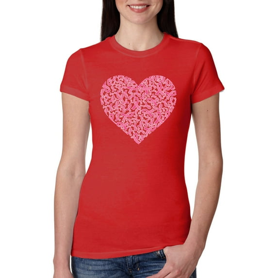 Wild Bobby, Pink Ribbon Heart, Breast Cancer Awareness, Women Slim Fit Junior Tee, Red, X-Large