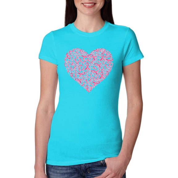 Wild Bobby, Pink Ribbon Heart, Breast Cancer Awareness, Women Slim Fit Junior Tee, Tahiti Blue, X-Large