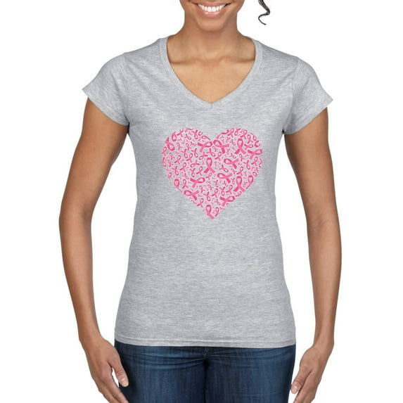 Wild Bobby, Pink Ribbon Heart, Breast Cancer Awareness, Women Standard V-Neck Tee, Heather Grey, Medium