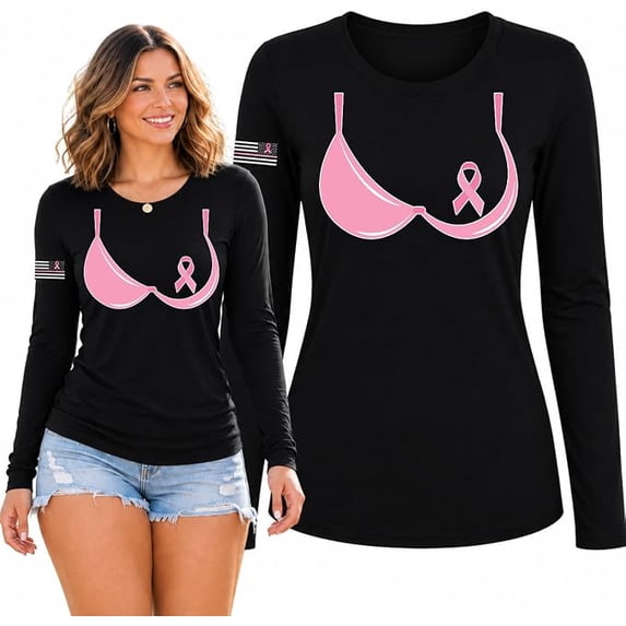 Wild Bobby Words of Encouragement Distressed US Flag Breast Cancer Awareness Womens Long Sleeve T-Shirt