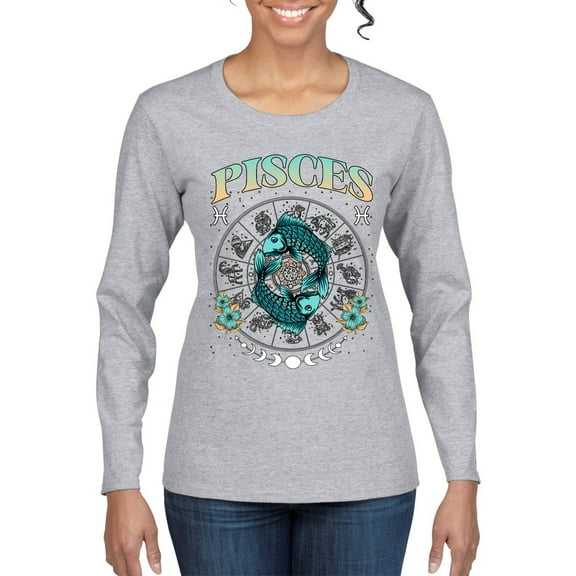 Wild Bobby Pisce Two Fish Fishes February 18 March 20, Water Sign, Constellations Horoscope Zodiac Birthday Birth Month Stone Gift for Men Women Graphic Long Sleeve Tee