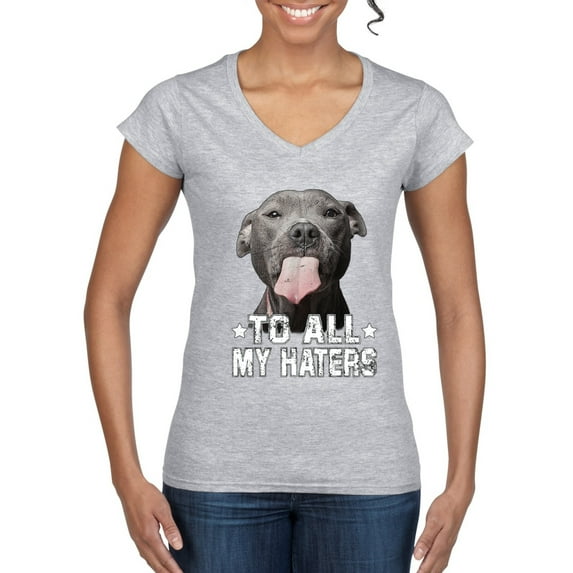 Wild Bobby, Pitbull to all Haters Funny, Animal Lover, Women Standard V-Neck Tee, Heather Grey, Small