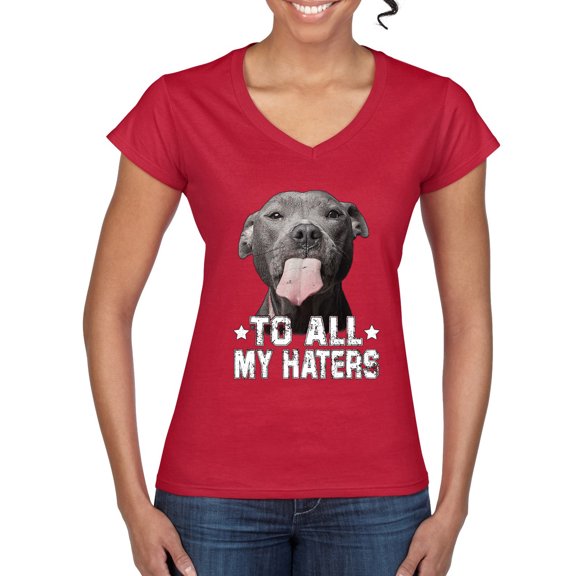 Wild Bobby, Pitbull to all Haters Funny, Animal Lover, Women Standard V-Neck Tee, Red, Small