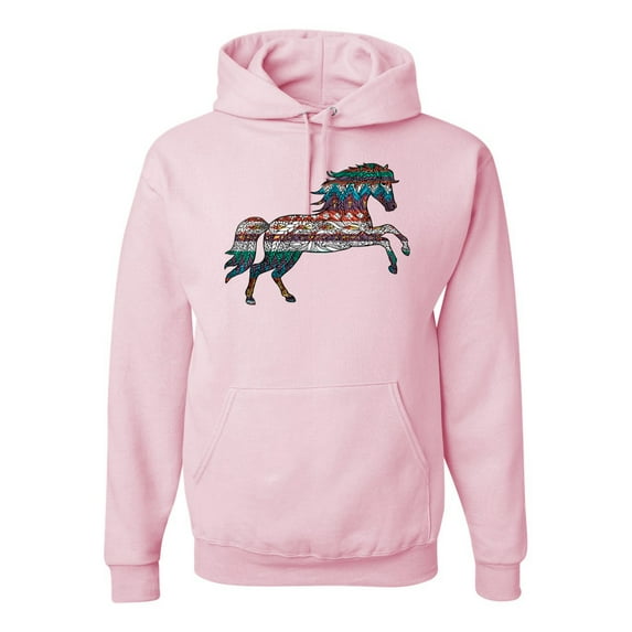 Wild Bobby, Plaid Paisley Retro Vintage Wild Horse Animal Lover Graphic Hoodie Sweatshirt, Light Pink, Medium