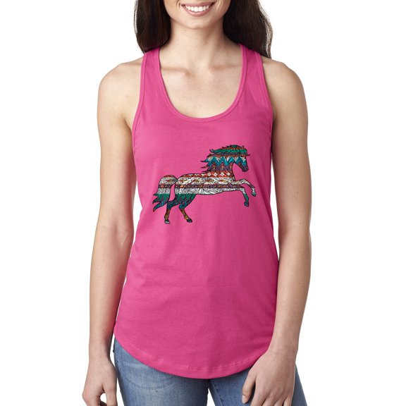 Wild Bobby, Plaid Paisley Retro Vintage Wild Horse Animal Lover Ladies Racerback Tank Top, Raspberry, Large