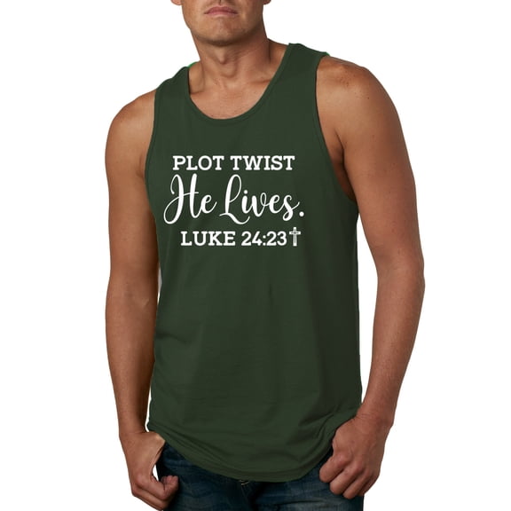 Wild Bobby Plot Twist He Lives Luke 24:23 Inspirational/Christian Men Graphic Tank Top, Forest Green, Medium