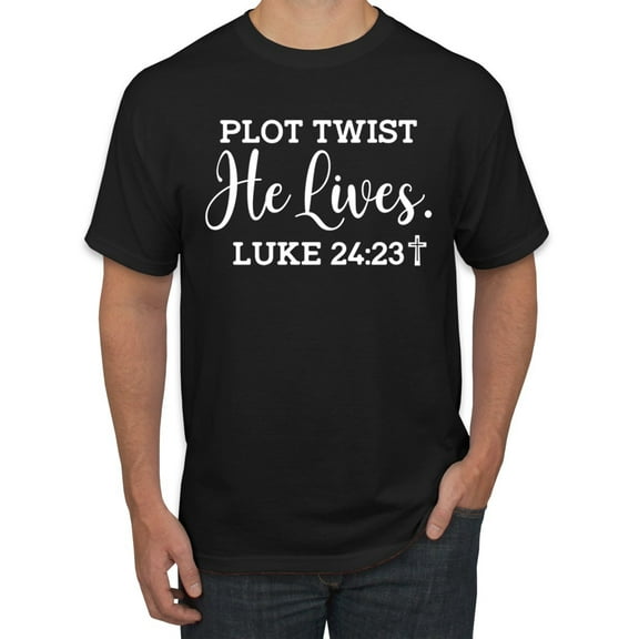 Wild Bobby Plot Twist He Lives Luke 24:23 Inspirational/Christian Men Graphic Tee, Black, Small