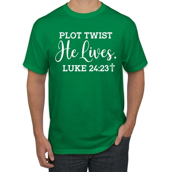Wild Bobby Plot Twist He Lives Luke 24:23 Inspirational/Christian Men Graphic Tee, Kelly, XX-Large