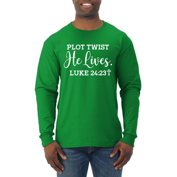 Wild Bobby Plot Twist He Lives Luke 24:23 Inspirational/Christian Men Long Sleeve Shirt, Kelly, 3X-Large