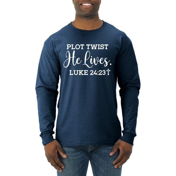 Wild Bobby Plot Twist He Lives Luke 24:23 Inspirational/Christian Men Long Sleeve Shirt, Vintage Heather Navy, Medium