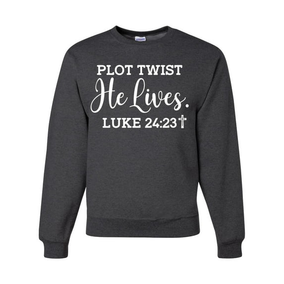 Wild Bobby Plot Twist He Lives Luke 24:23 Inspirational/Christian Unisex Crewneck Graphic Sweatshirt, Heather Black, Medium