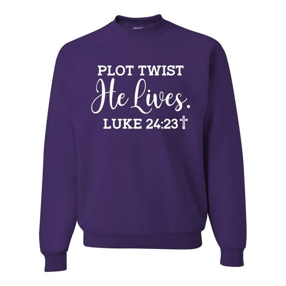 Wild Bobby Plot Twist He Lives Luke 24:23 Inspirational/Christian Unisex Crewneck Graphic Sweatshirt, Purple, XX-Large