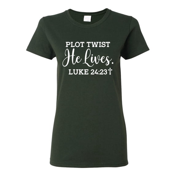 Wild Bobby Plot Twist He Lives Luke 24:23 Inspirational/Christian Women Graphic Tee, Forest Green, Large