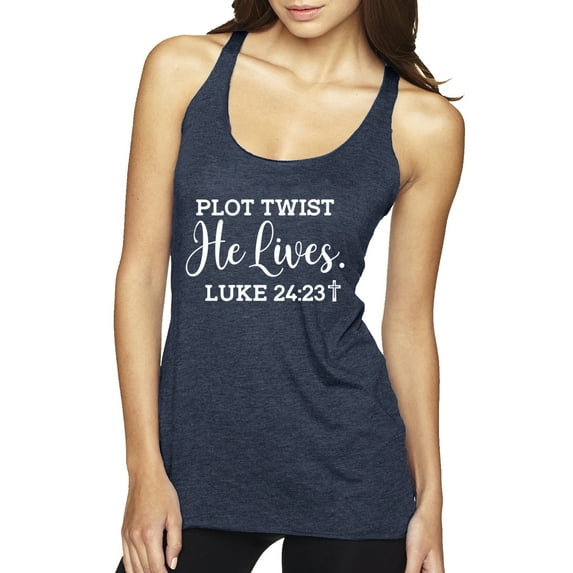 Wild Bobby Plot Twist He Lives Luke 24:23 Inspirational/Christian Women Tri-Blend Racerback Tank Top, Vintage Navy, Large