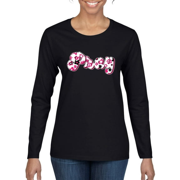 Wild Bobby Pray Bubble Letters Inspirational/Christian Women Graphic Long Sleeve Tee, Black, Small