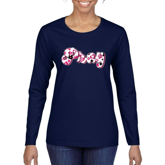 Wild Bobby Pray Bubble Letters Inspirational/Christian Women Graphic Long Sleeve Tee, Navy, Medium