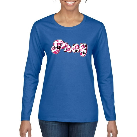 Wild Bobby Pray Bubble Letters Inspirational/Christian Women Graphic Long Sleeve Tee, Royal, Small