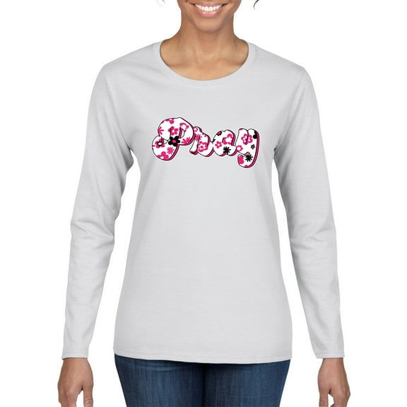 Wild Bobby, Pray Bubble Letters Inspirational/Christian Women Graphic Long Sleeve Tee, White, Small