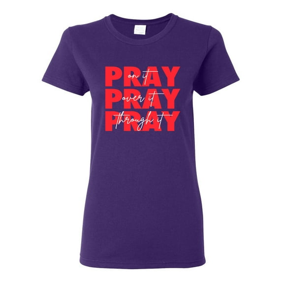 Wild Bobby Pray On It Pray Over It Pray Through It Inspirational/Christian Women Graphic Tee, Purple, 3X-Large