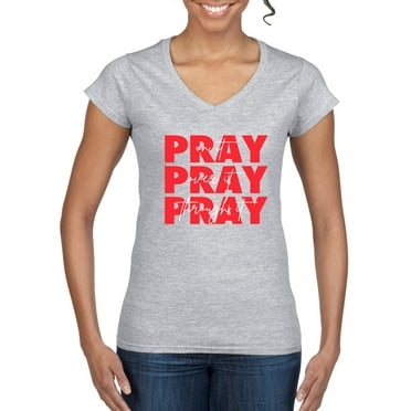 Wild Bobby Pray On It Pray Over It Pray Through It Inspirational/Christian Women Standard V-Neck Tee, Heather Grey, Medium