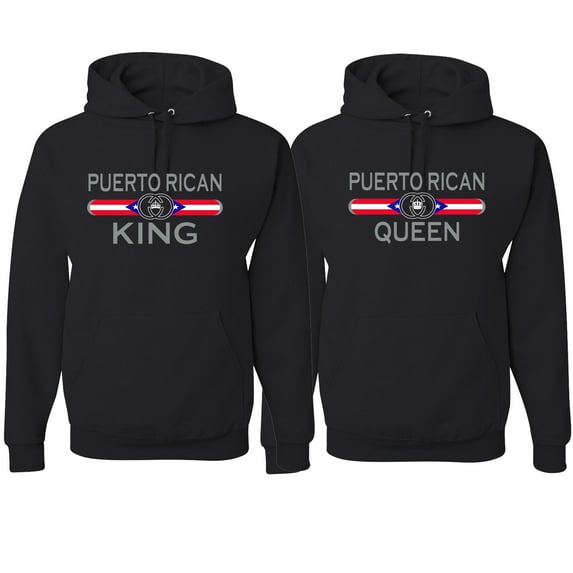 Wild Bobby, Puerto Rican King Queen Spanish Latino Pride His and Hers Matching Couples Hoodies Sweater Set, Black, Mens S-Womens L