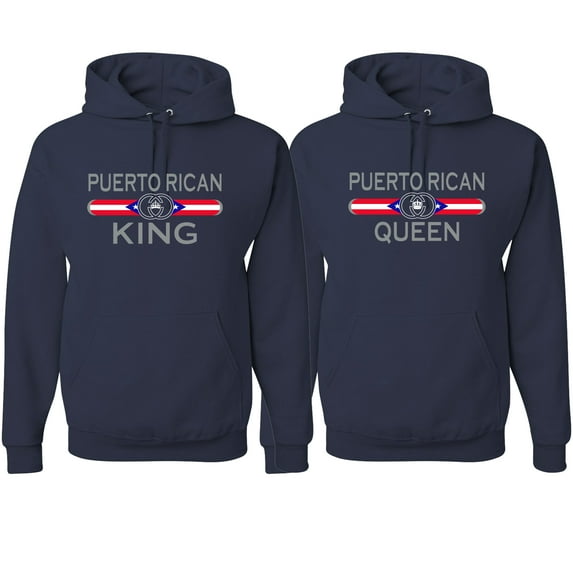 Wild Bobby, Puerto Rican King Queen Spanish Latino Pride His and Hers Matching Couples Hoodies Sweater Set, Navy, Mens M-Womens S