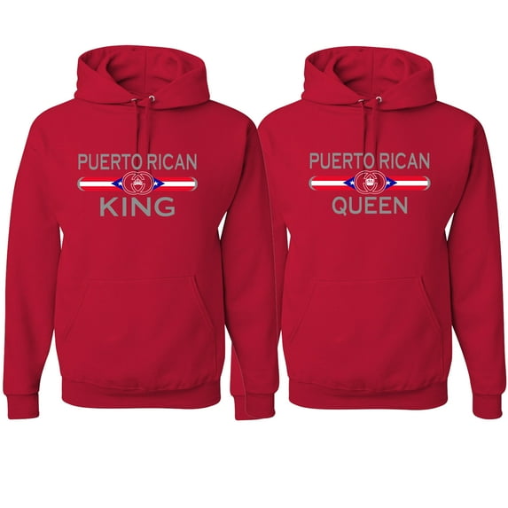 Wild Bobby, Puerto Rican King Queen Spanish Latino Pride His and Hers Matching Couples Hoodies Sweater Set, Red, Mens 2XL-Womens 3XL