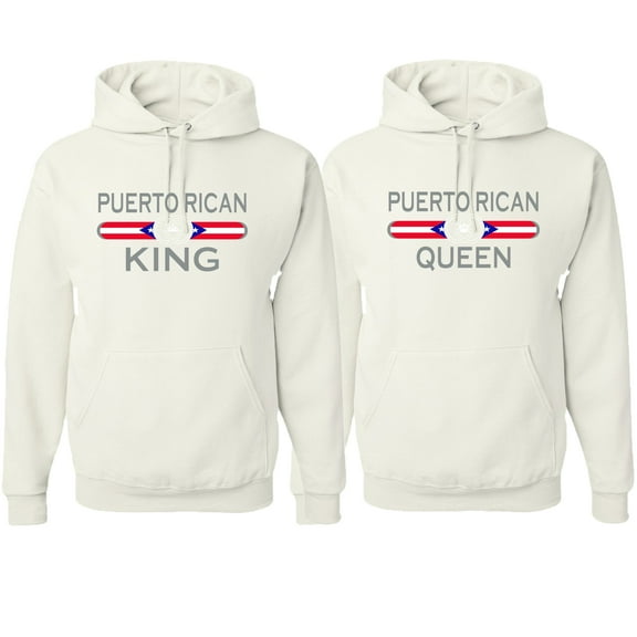 Wild Bobby, Puerto Rican King Queen Spanish Latino Pride His and Hers Matching Couples Hoodies Sweater Set, White, Mens L-Womens L
