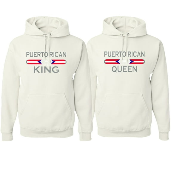 Wild Bobby, Puerto Rican King Queen Spanish Latino Pride His and Hers Matching Couples Hoodies Sweater Set, White, Mens XL-Womens XL
